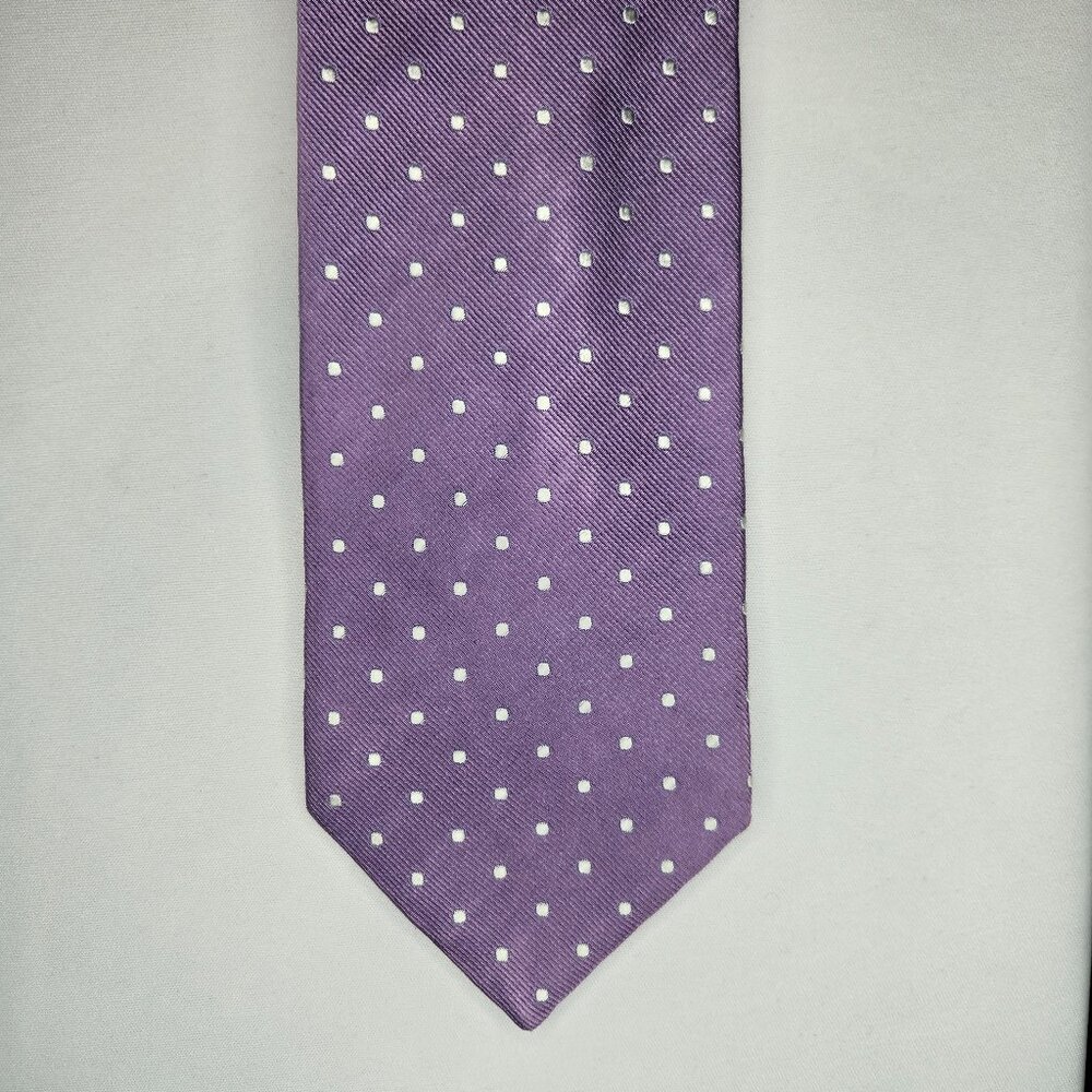ALLEA MILANO White Dot / Purple Silk Tie, Handmade In Italy,  3.5" x  58"